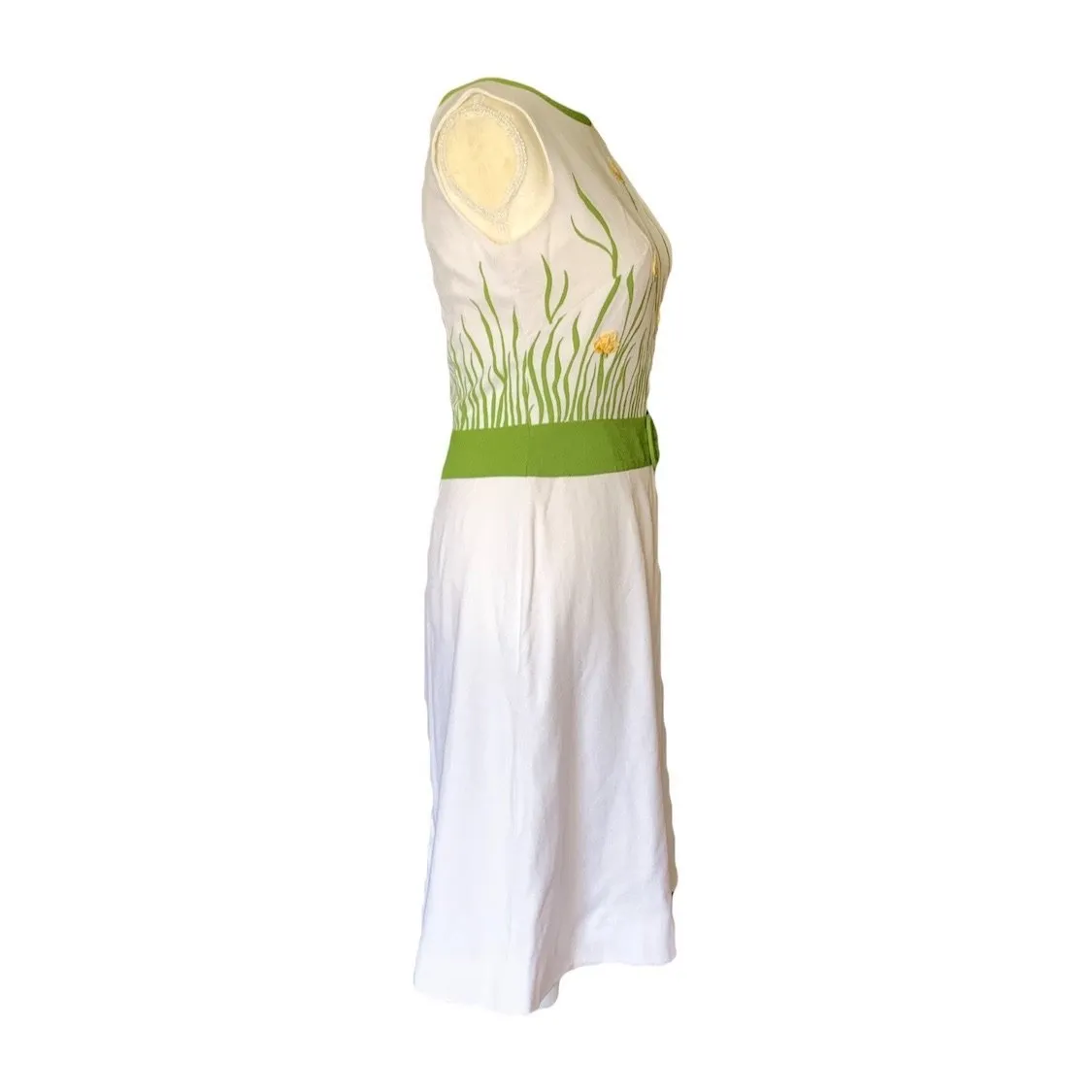 1960s White Linen Dress with a Yellow and Green Floral Design from Cover Girl Miami.