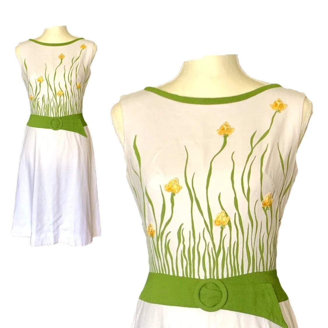 1960s White Linen Dress with a Yellow and Green Floral Design from Cover Girl Miami.