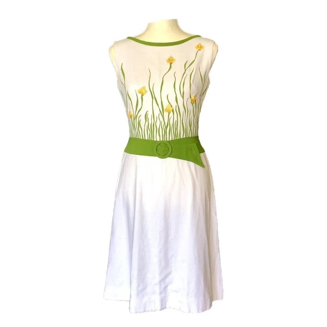 1960s White Linen Dress with a Yellow and Green Floral Design from Cover Girl Miami.