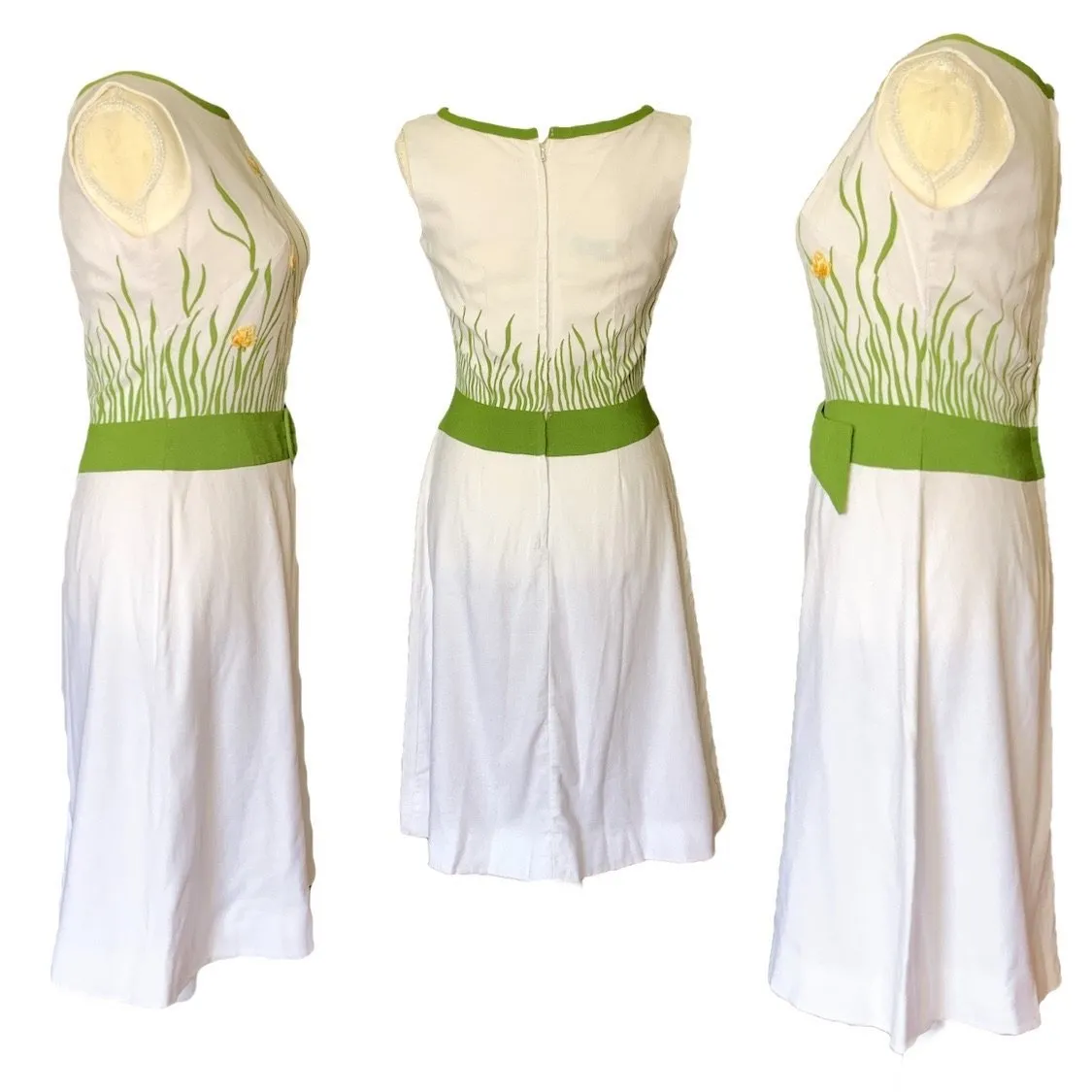 1960s White Linen Dress with a Yellow and Green Floral Design from Cover Girl Miami.