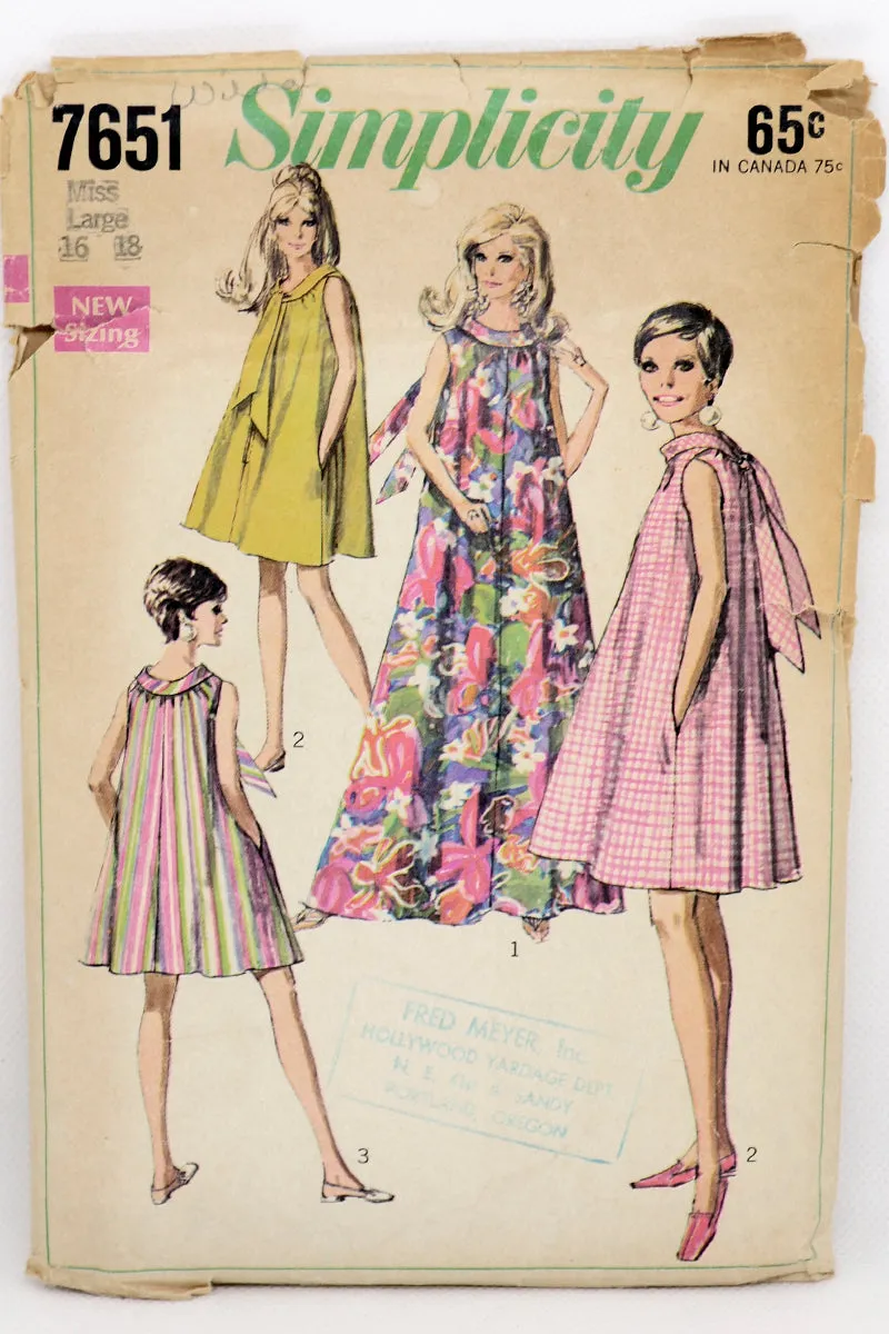 1968 Simplicity 7651 Vintage Muu Muu Tent Dress Sewing Pattern