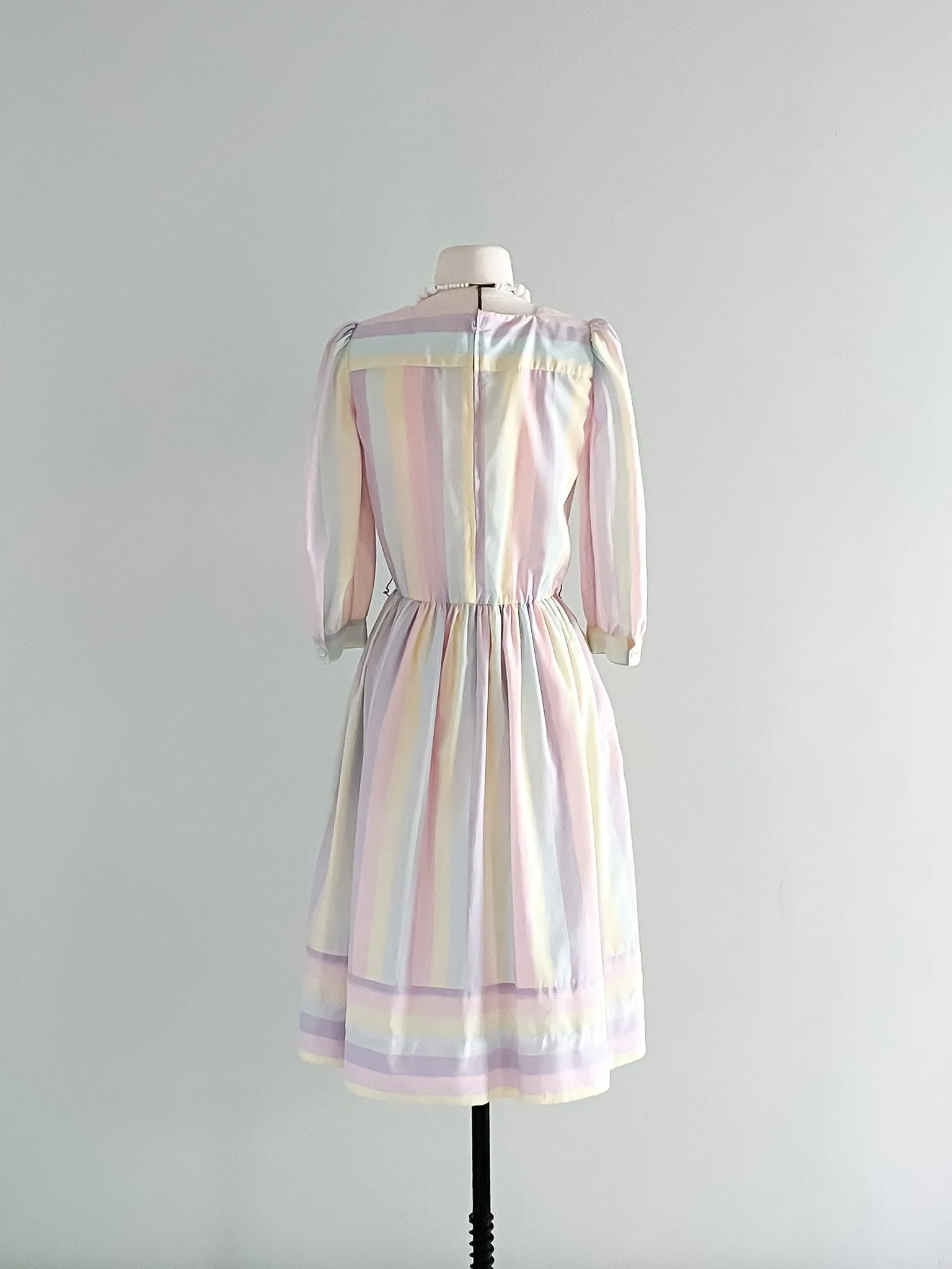 1980's Pastel Rainbow Striped Cotton Day Dress  / Sz M