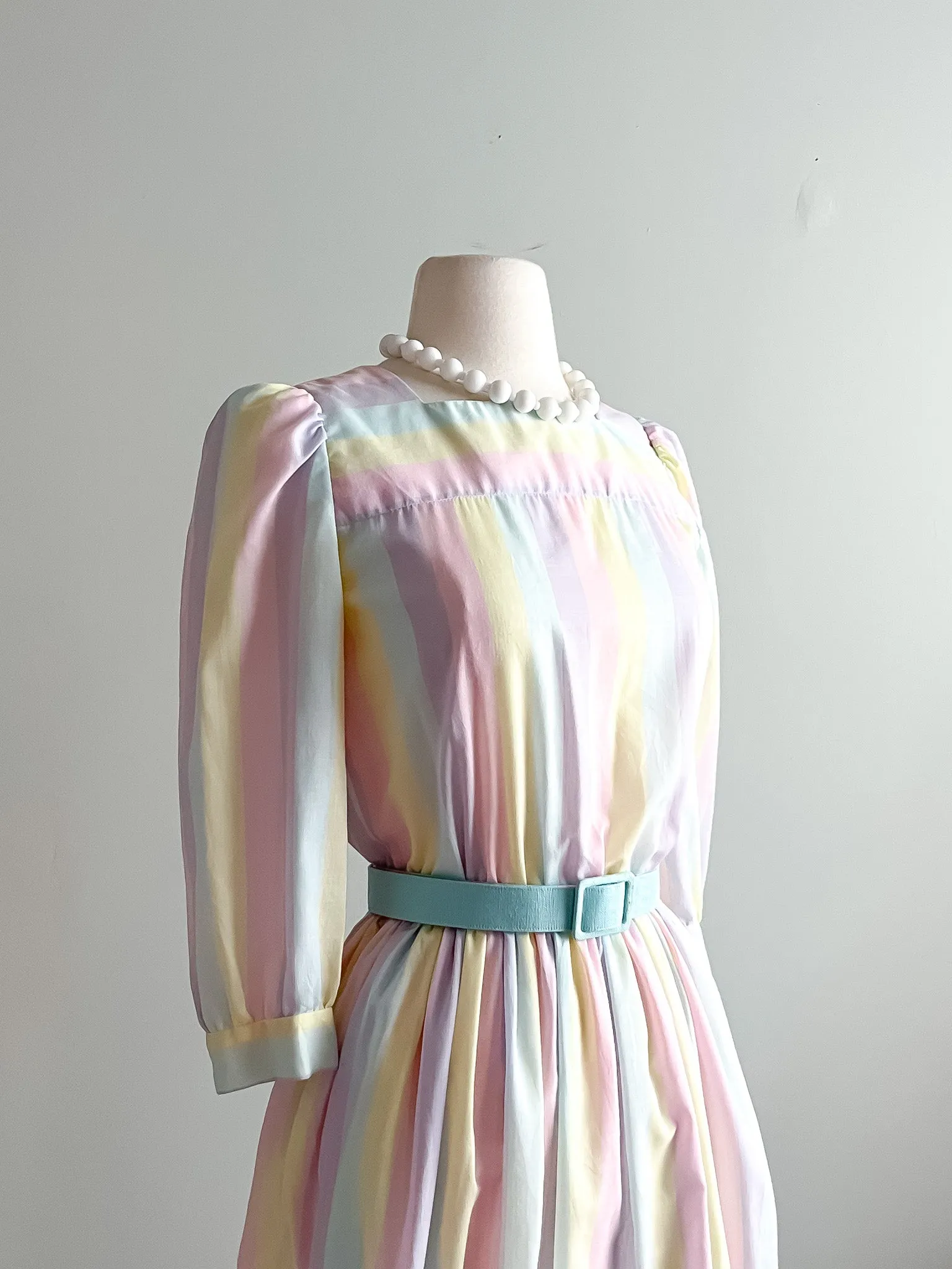 1980's Pastel Rainbow Striped Cotton Day Dress  / Sz M