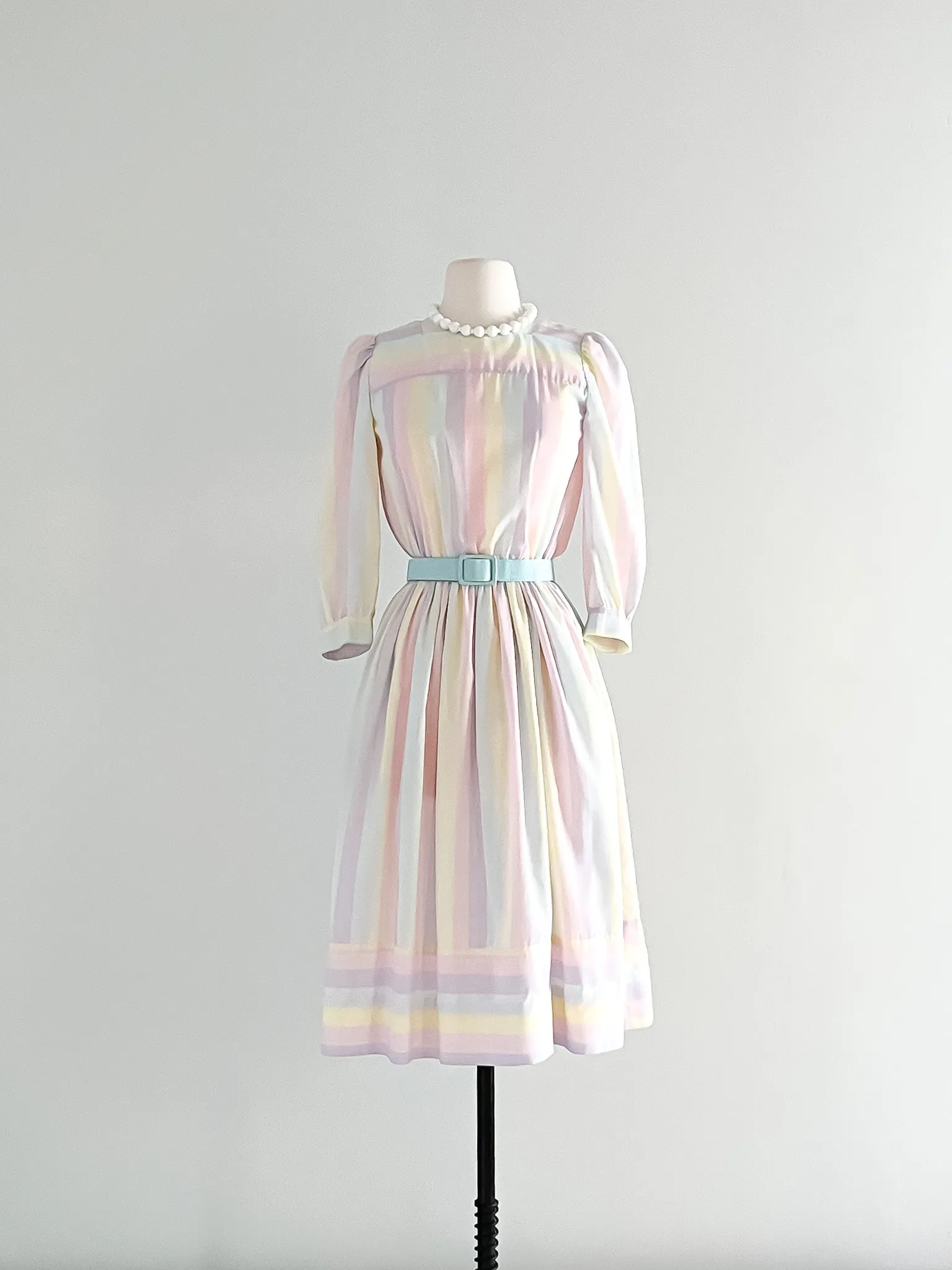 1980's Pastel Rainbow Striped Cotton Day Dress  / Sz M