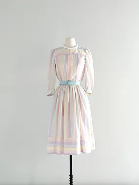 1980's Pastel Rainbow Striped Cotton Day Dress  / Sz M