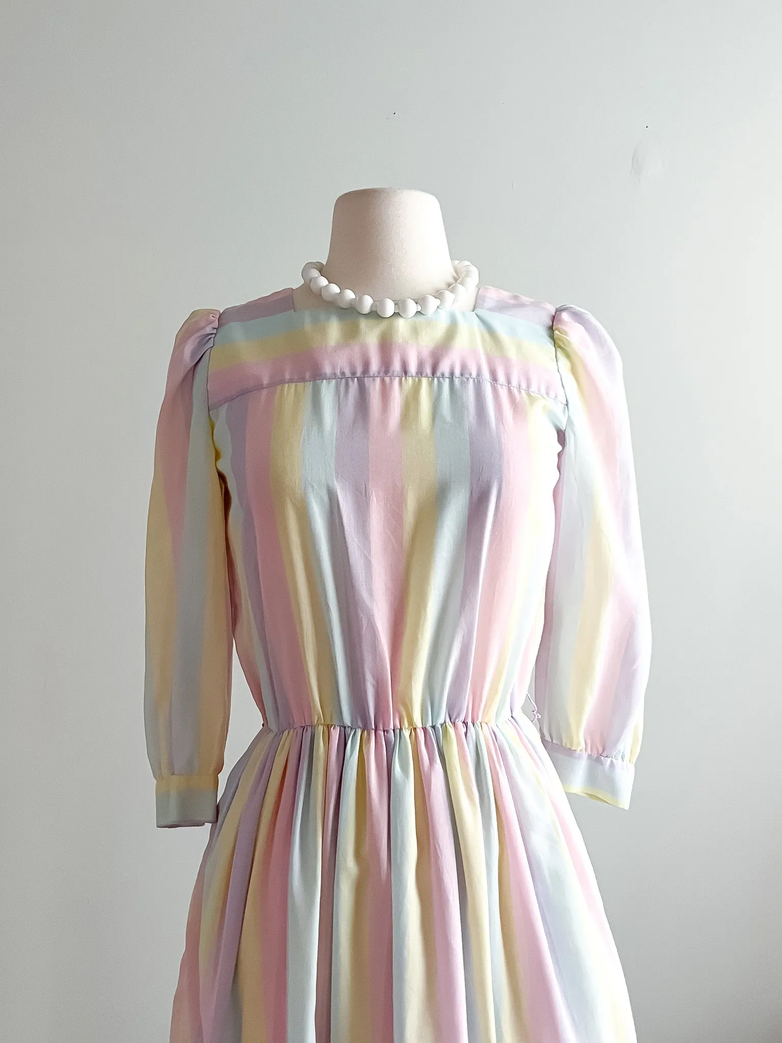 1980's Pastel Rainbow Striped Cotton Day Dress  / Sz M