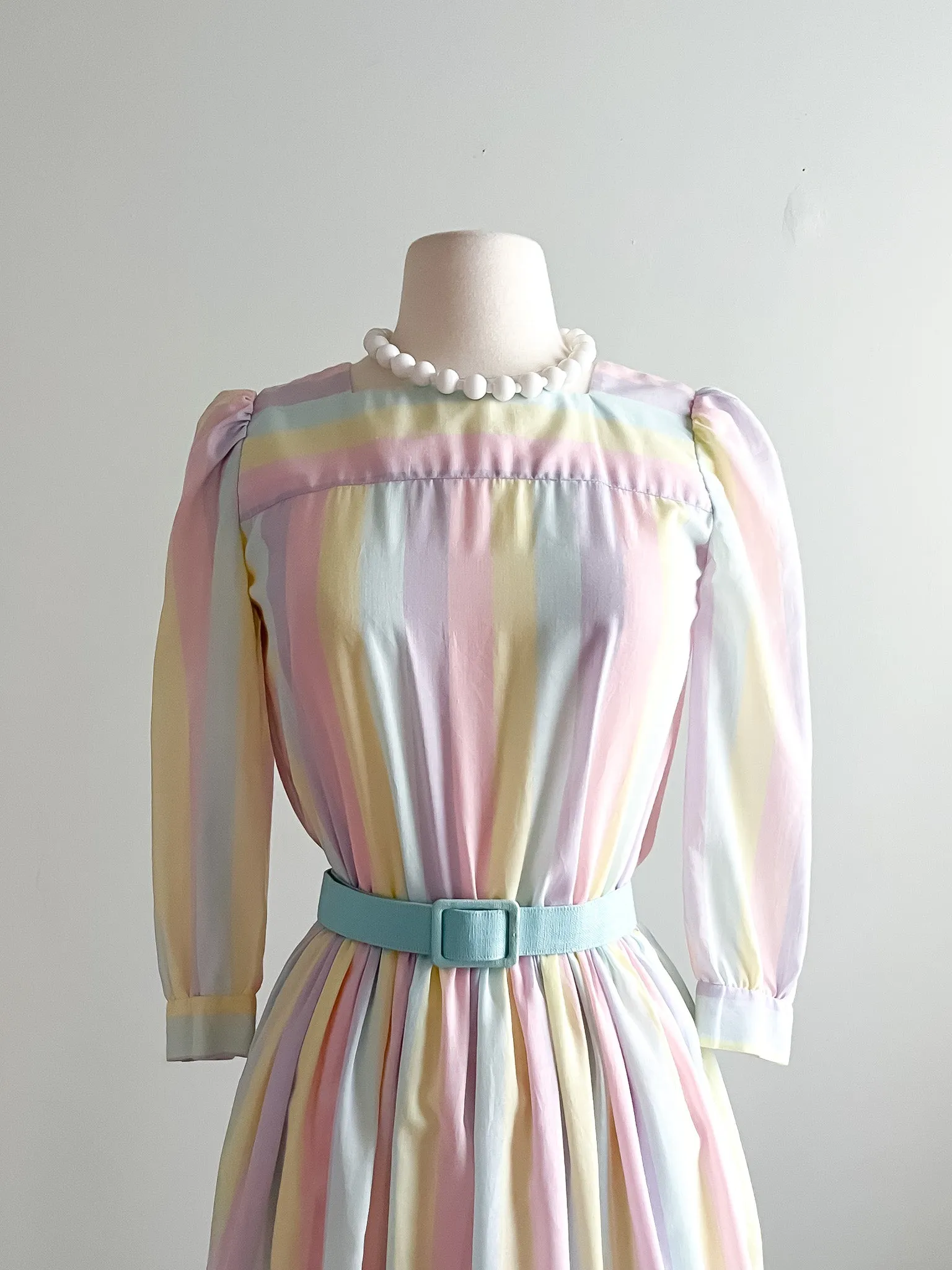 1980's Pastel Rainbow Striped Cotton Day Dress  / Sz M