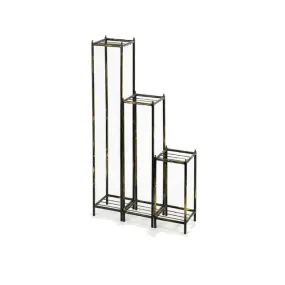 2 Tier Square Slatted Top Plant Stand, Set Of 3, Black And Gold By Benzara