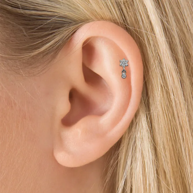 4.5mm Diamond Flower and Dangle Threaded Stud Earring by Maria Tash in 14K Yellow Gold. Flat Stud.