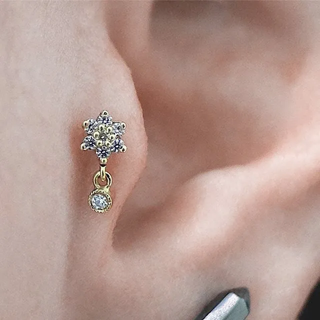 4.5mm Diamond Flower and Dangle Threaded Stud Earring by Maria Tash in 14K Yellow Gold. Flat Stud.