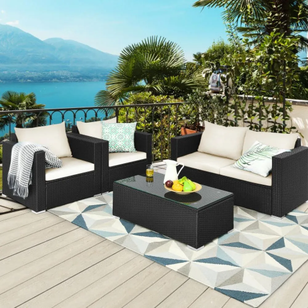 4Pcs Patio Rattan Cushioned Furniture Set-Turquoise