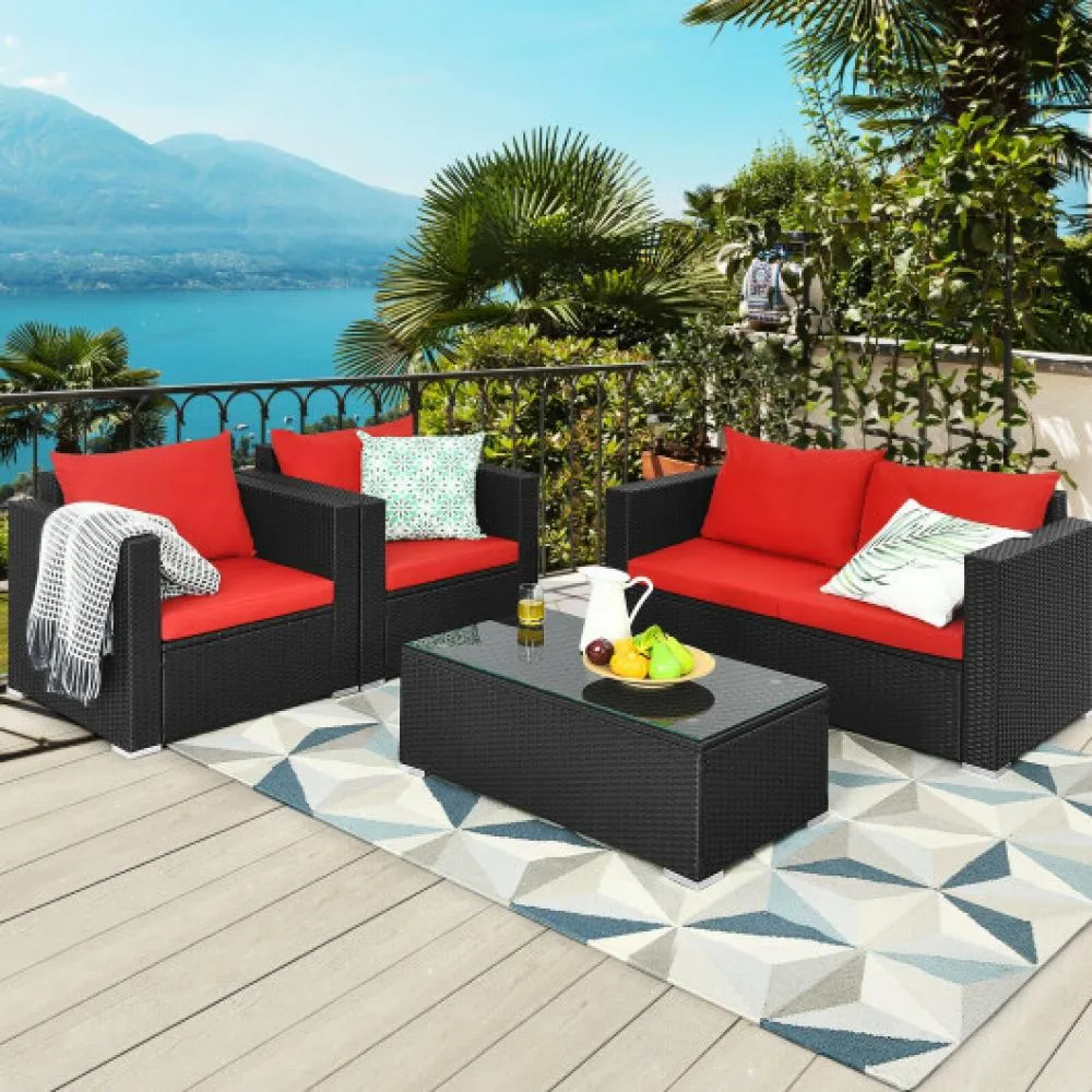 4Pcs Patio Rattan Cushioned Furniture Set-Turquoise