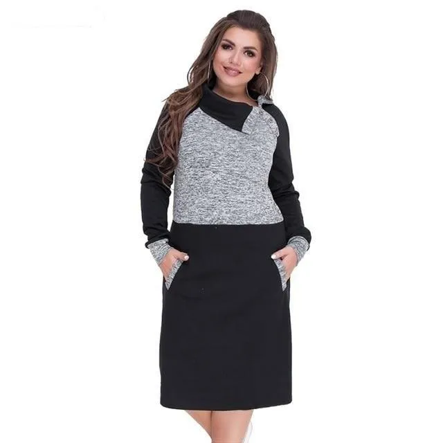 5XL 6XL Big Size Women's Winter Patchworked Warm Bodycon Dress