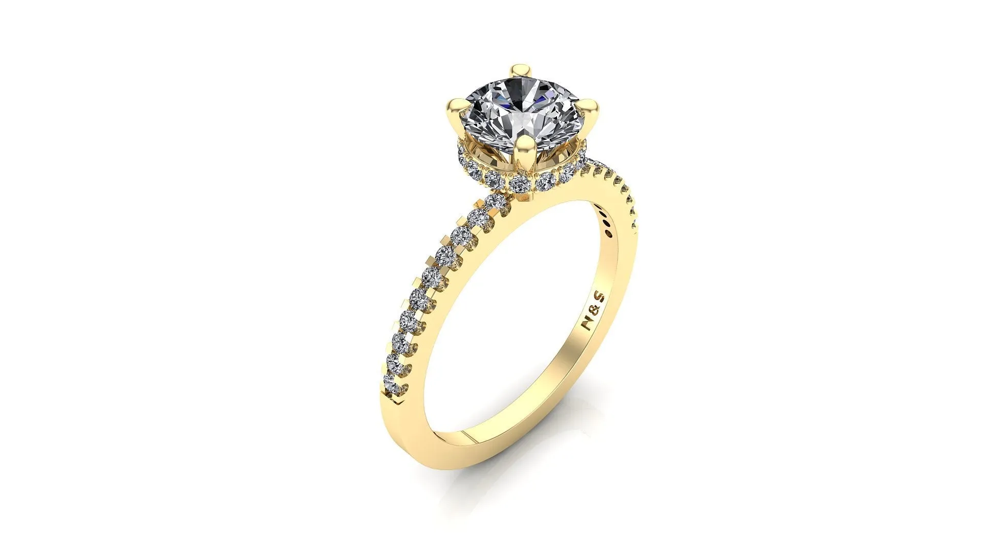 6.0mm (0.80ct) Rañe ForeverOne Round Moissanite Four Prong Diamond Underhalo Engagement Ring 14K Gold MOENG063