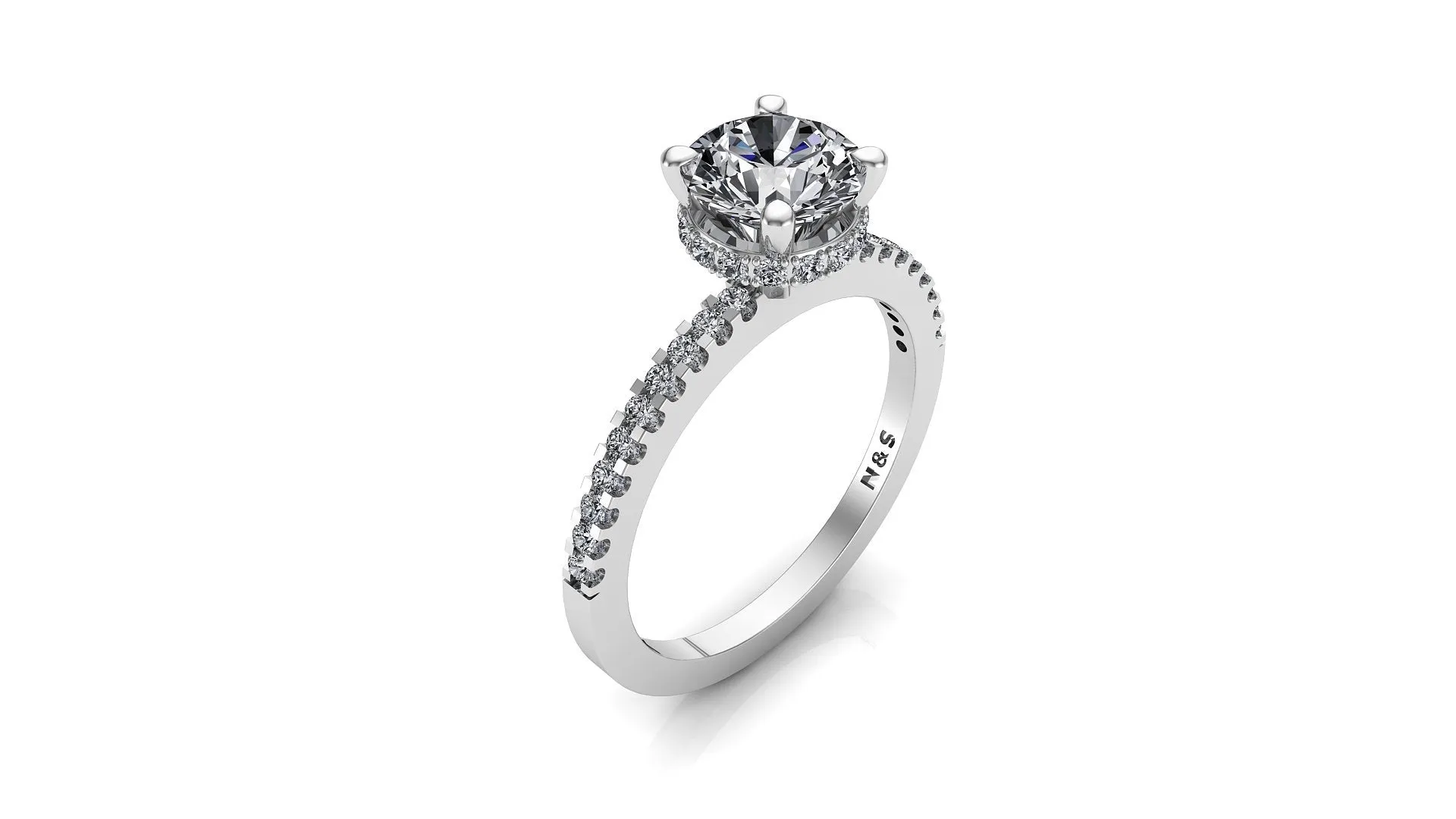 6.0mm (0.80ct) Rañe ForeverOne Round Moissanite Four Prong Diamond Underhalo Engagement Ring 14K Gold MOENG063