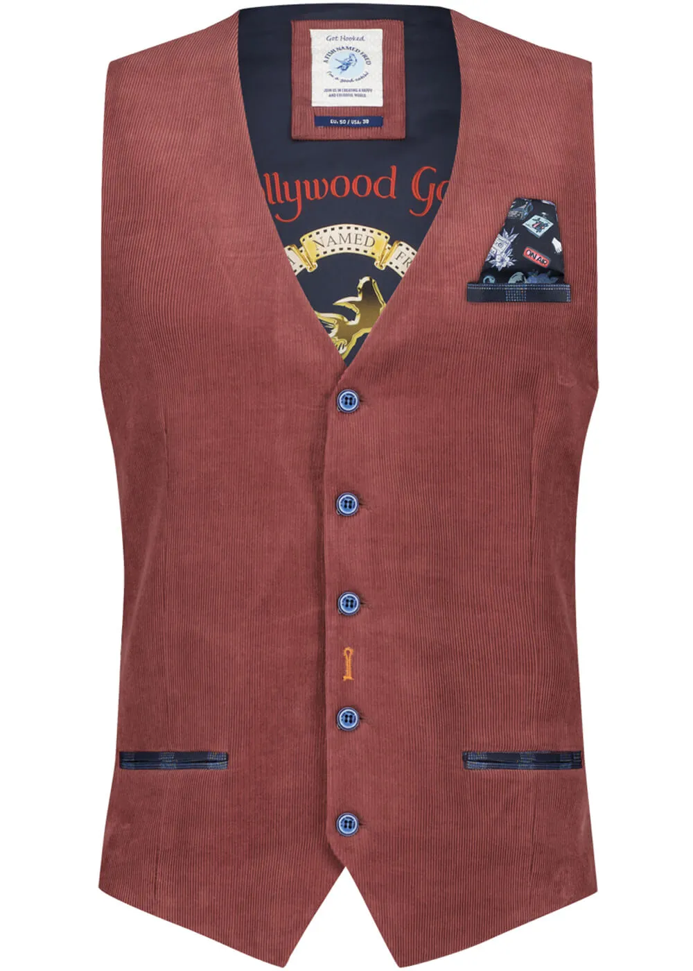 A Fish Named Fred Mens Rib Waistcoat Chili Red