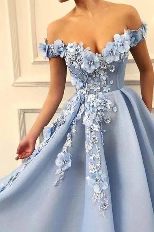 A Line Flowers Long Party Prom Dress with Appliques