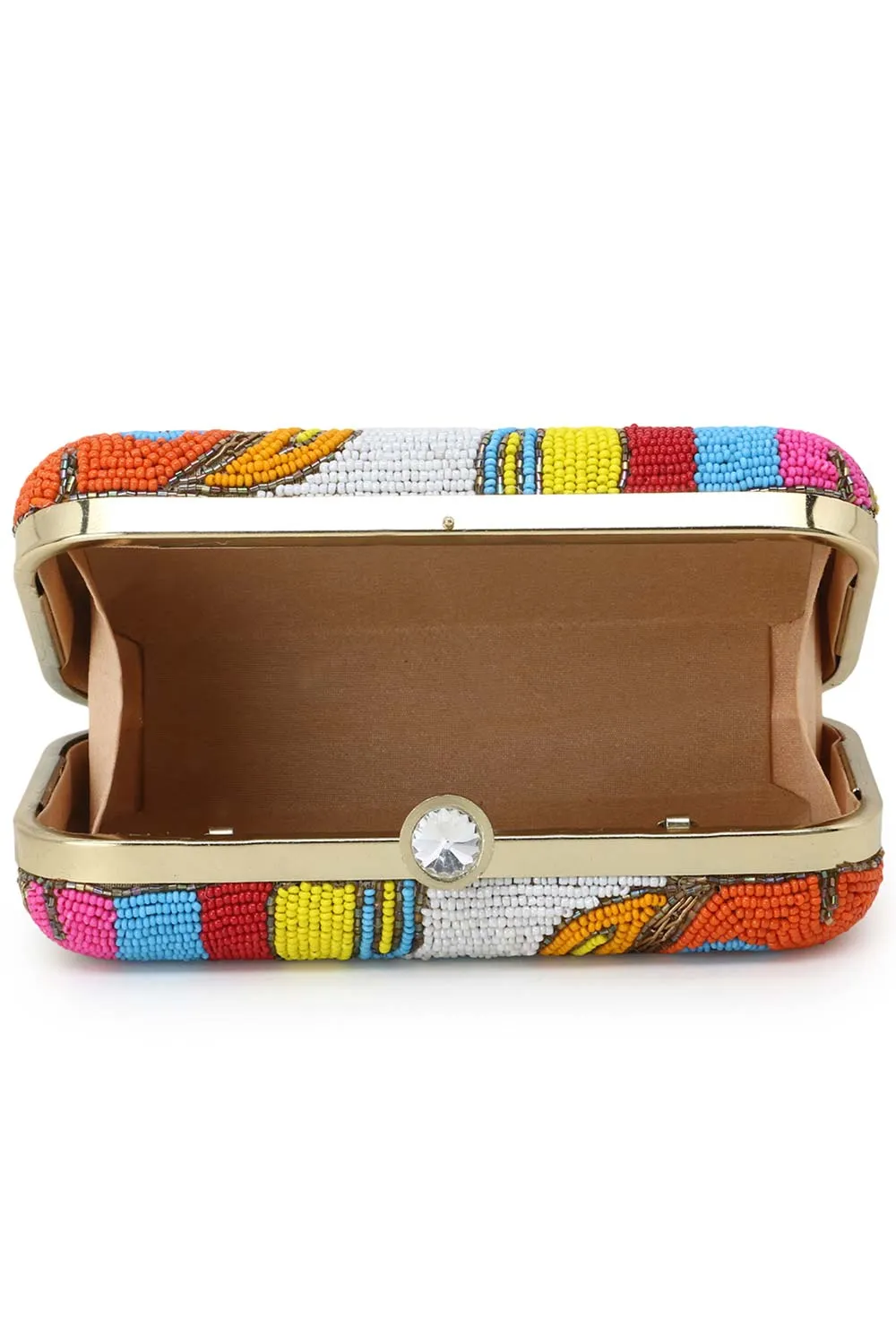 Adorn Gold & Multi Faux Silk Embellished & Embroidered Box Clutch