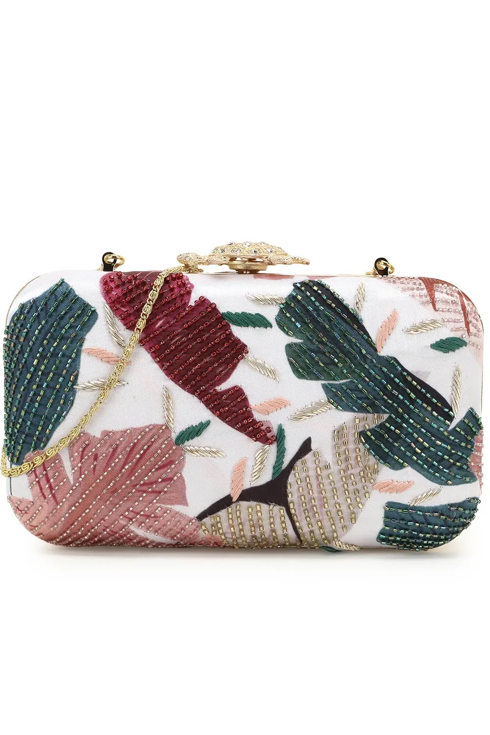 Adorn White & Multi Printed & Embellished Satin Clutch