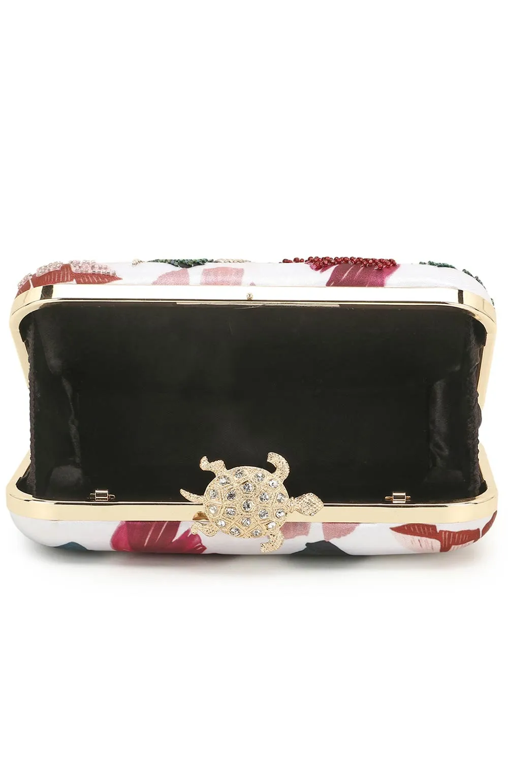 Adorn White & Multi Printed & Embellished Satin Clutch