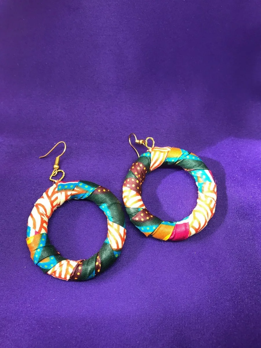 African Hoops in Black Dashiki Print - Up cycled Zero Waste Earrings