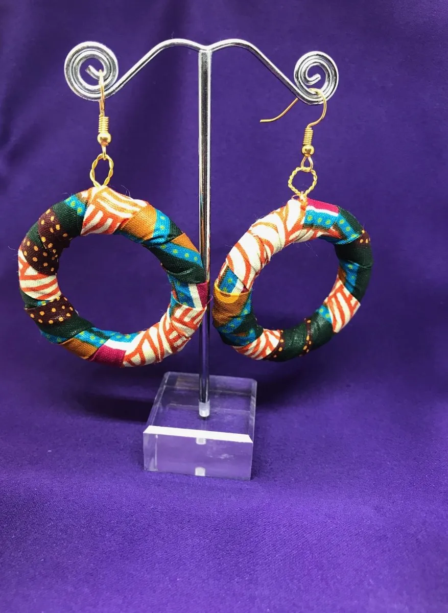 African Hoops in Black Dashiki Print - Up cycled Zero Waste Earrings