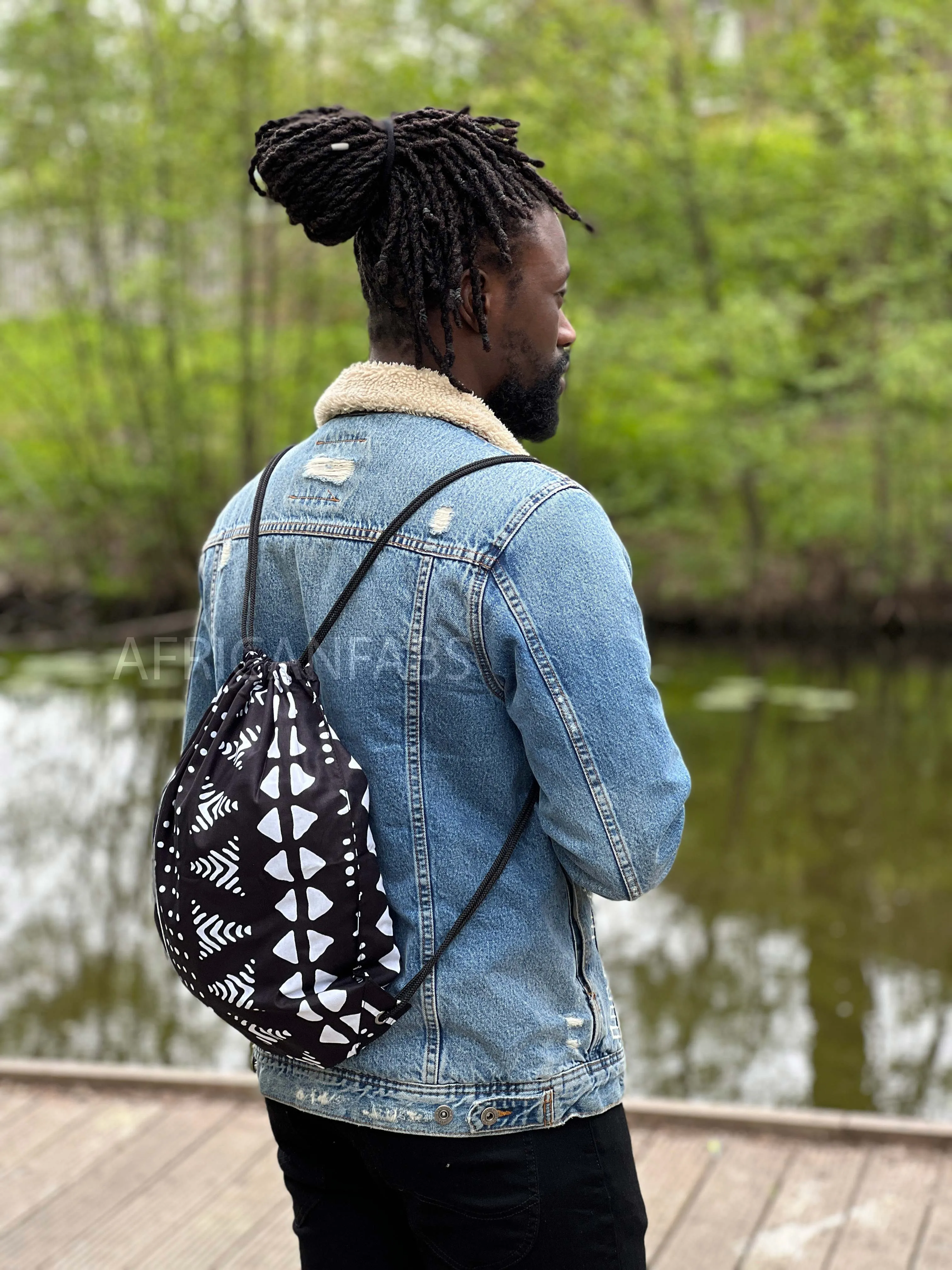 African Print Drawstring Bag / Gym Sack / School bag / Ankara Backpack / Festival Bag - Black / white bogolan