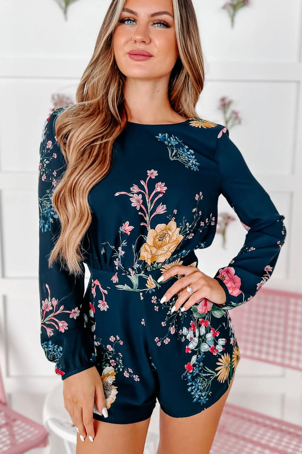 Always A Lady Floral Open Back Romper (Navy Multi)