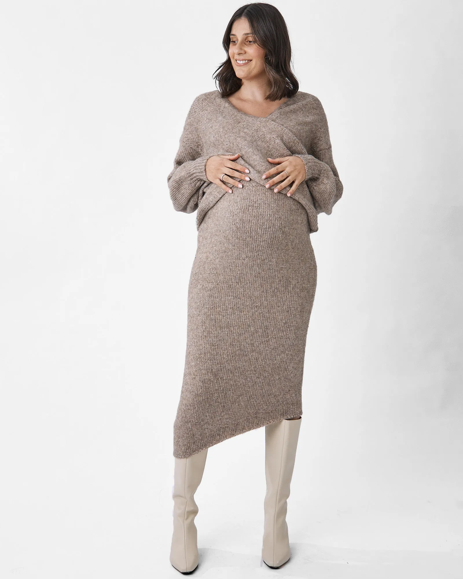 Amélie's Enchanting Allure Asymmetrical Knit Midi Skirt -Taupe