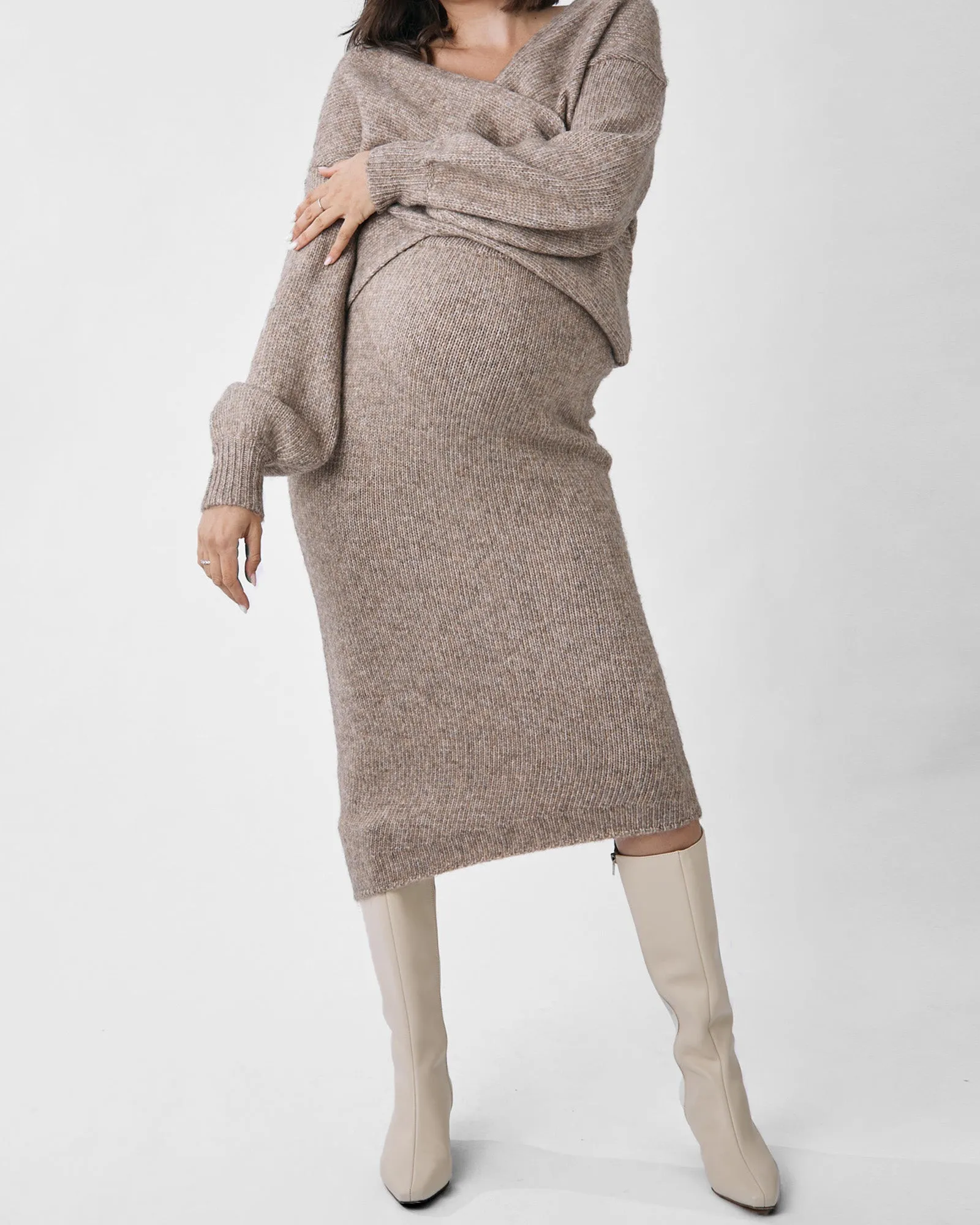 Amélie's Enchanting Allure Asymmetrical Knit Midi Skirt -Taupe