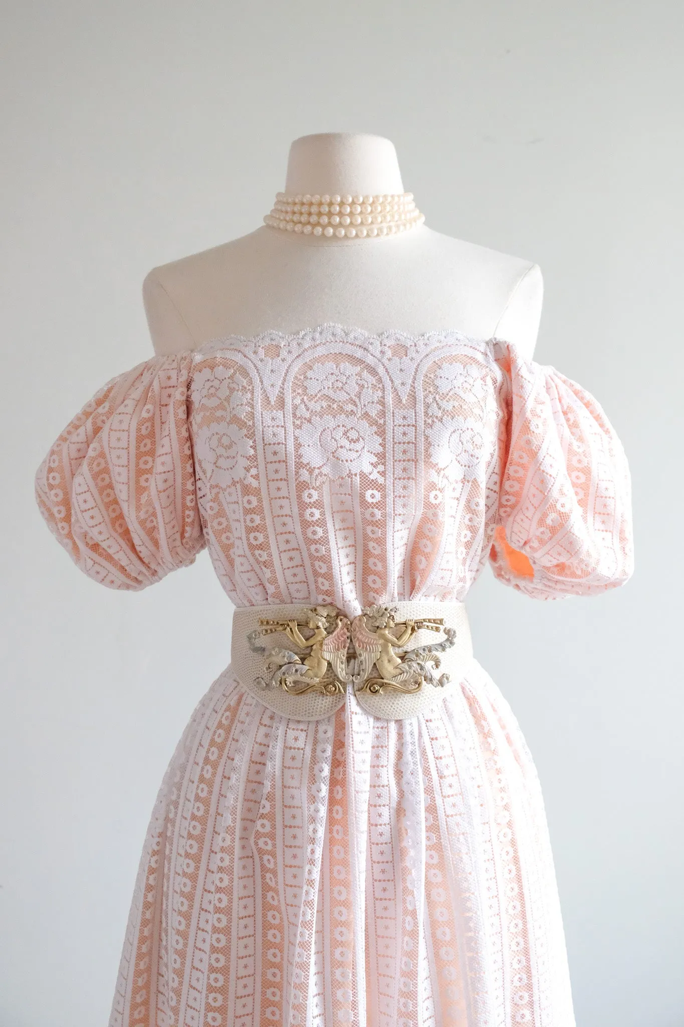 Angelic 1970's Pale Pink & Ivory Lace Off the Shoulder Party Dress / Sz M