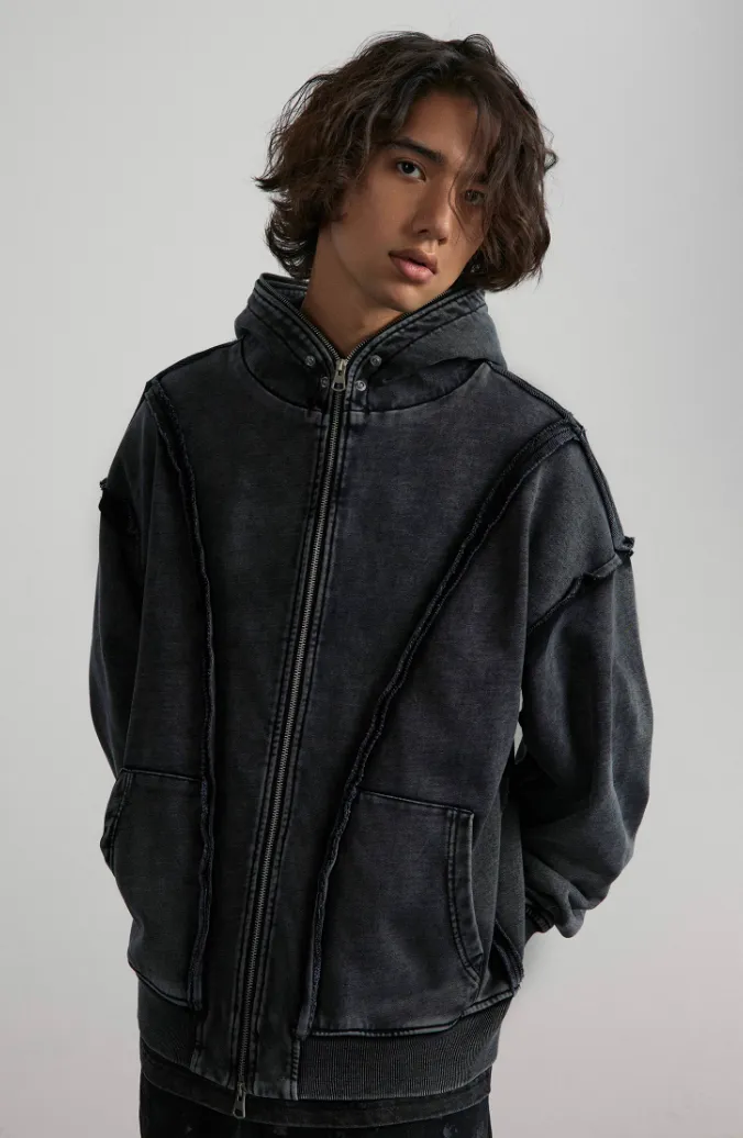 ANTIDOTE Deconstructed Raw Edge Washed Zipper Hoodie