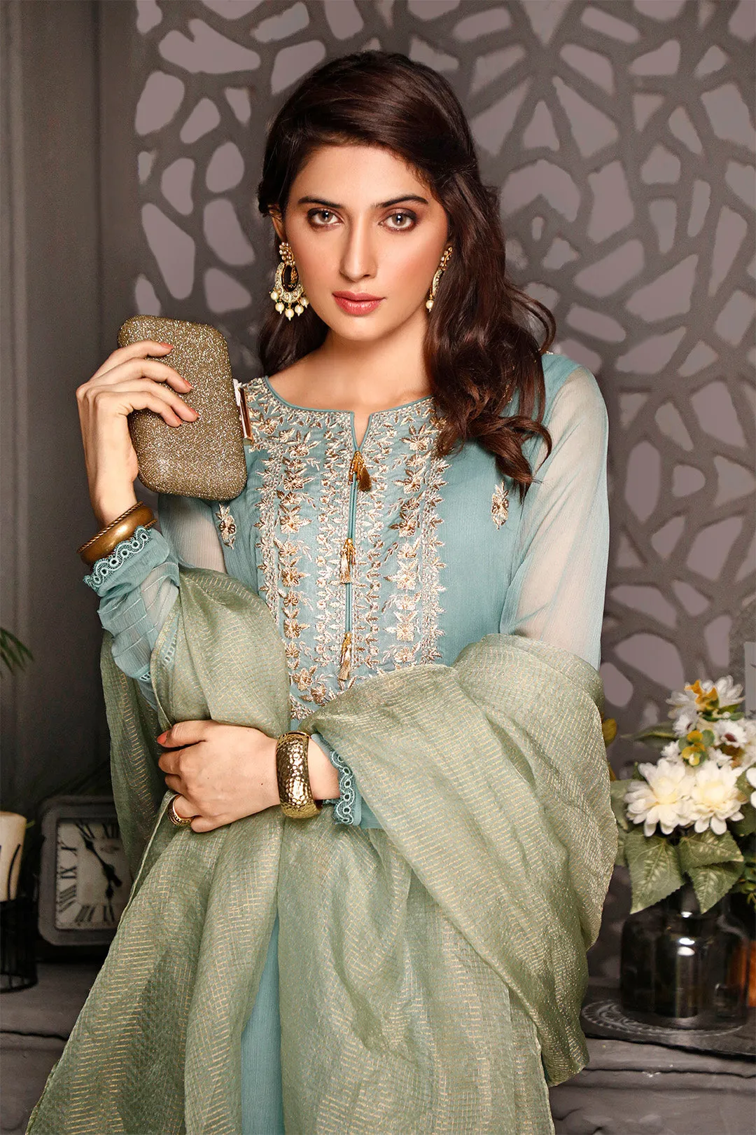 Antique Zari Embroidered Chiffon Organza 3pc Suit | Nikhaar | S781