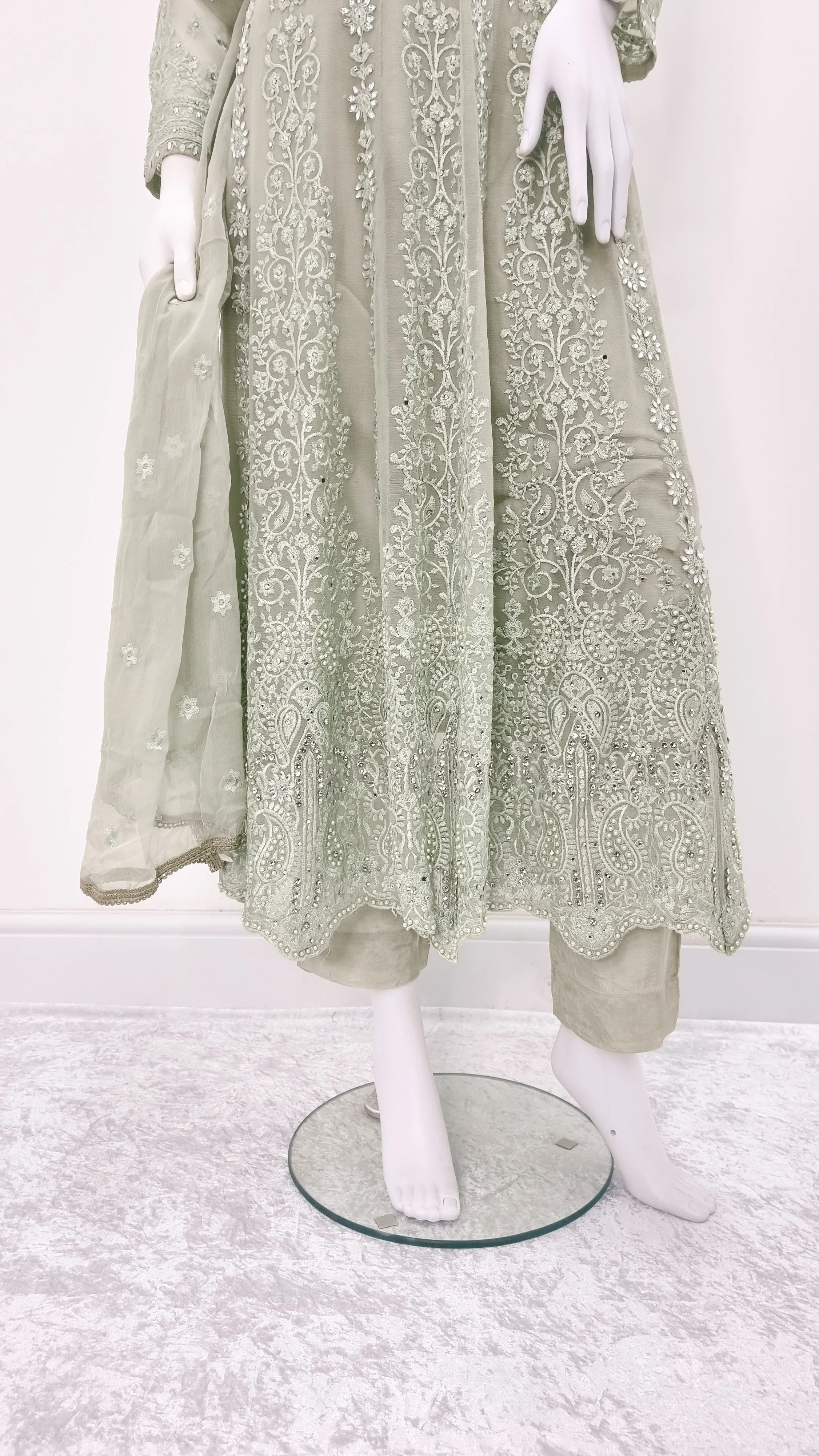 Beige-Green Embroidered Chiffon Frock Suit