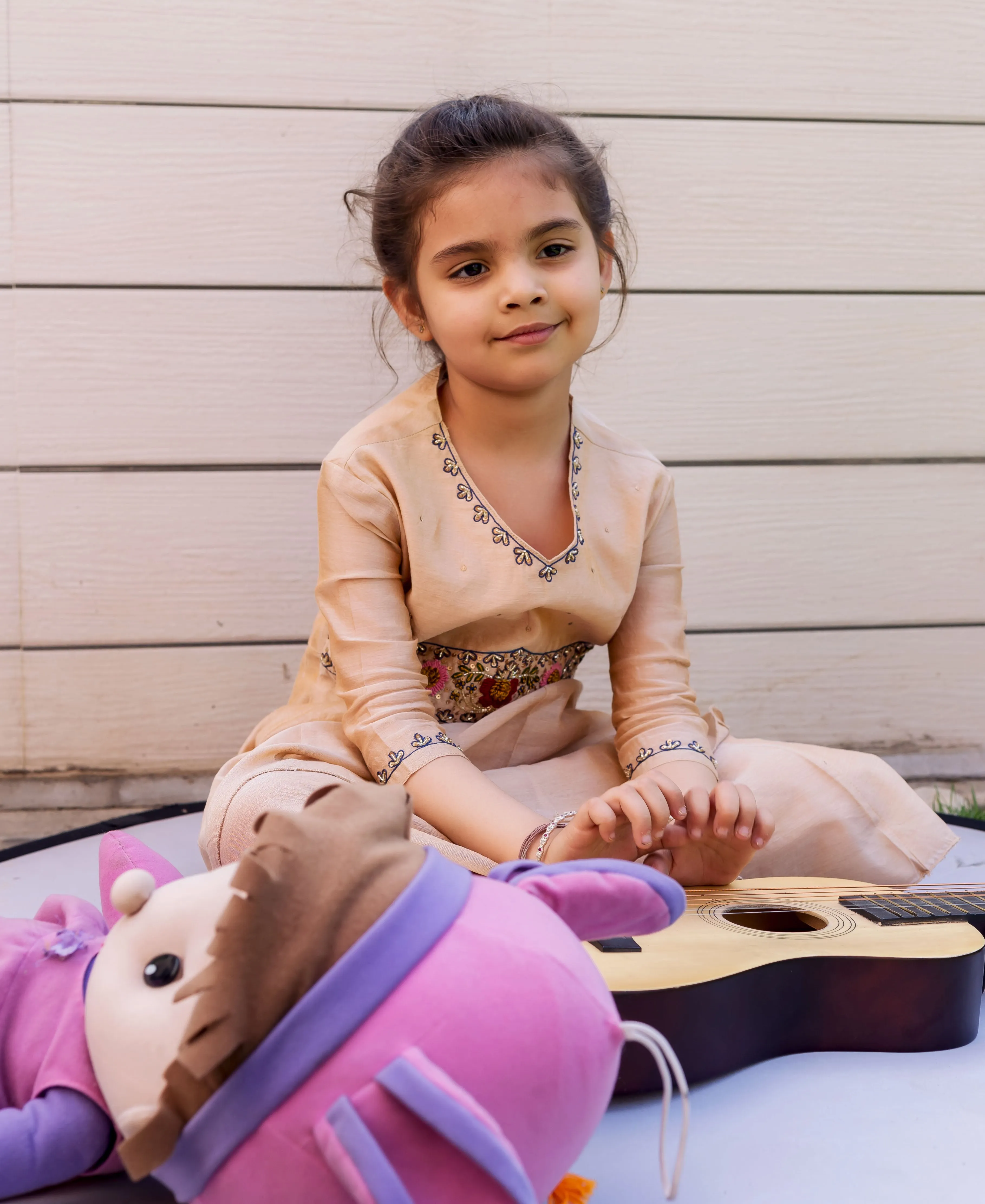 Beige Hand Embroidered Layered Dress for Baby Girl