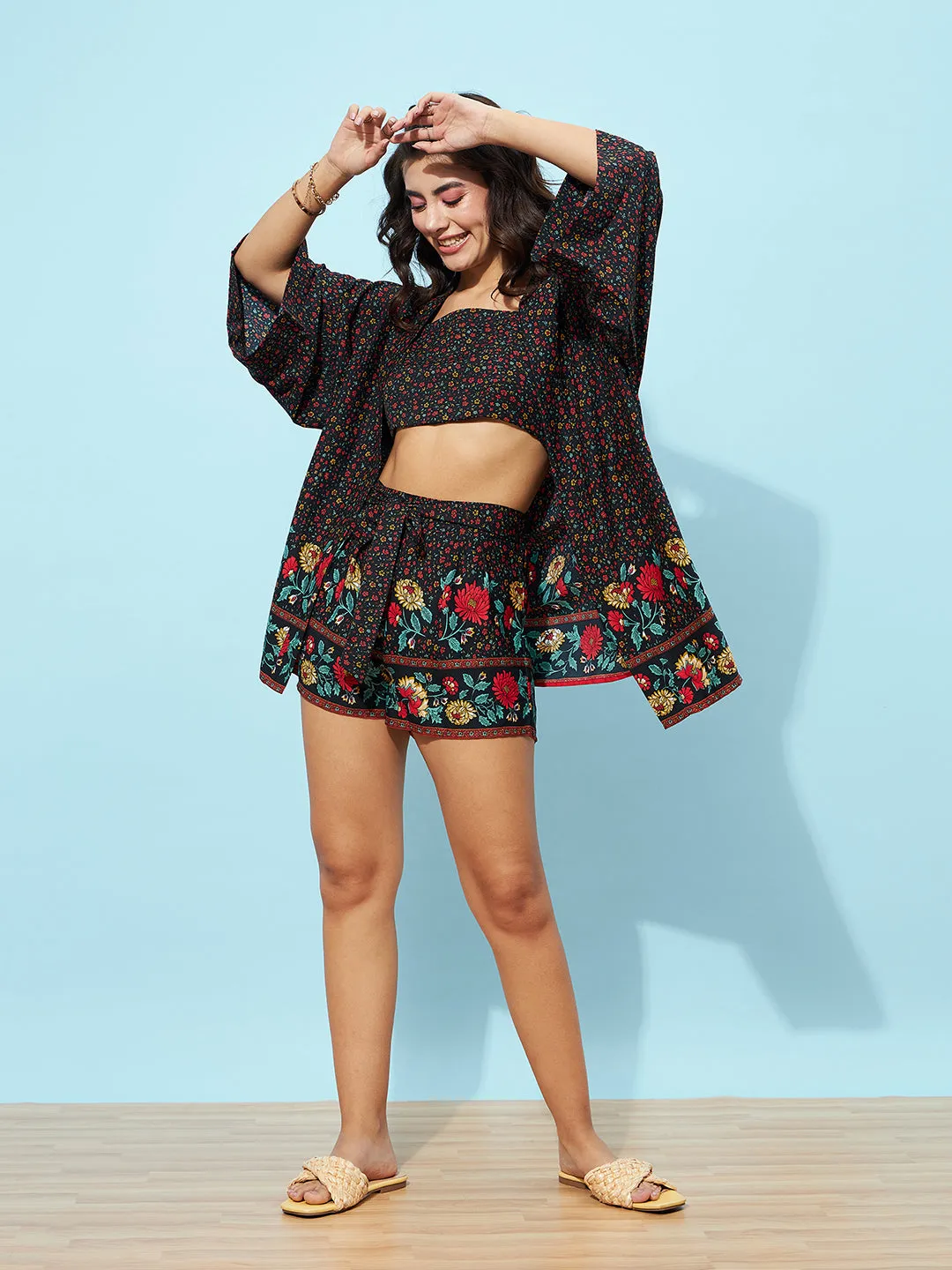 Berrylush Women Black, Green, & Red Floral Printed Square Neck Crop Top & Tie-Up Front Mini Shorts With Shrug