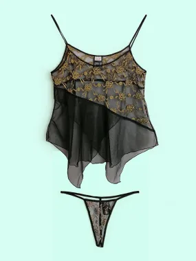 Black and Gold Sheer Tulle Lingerie Set - size M-L / UK 14