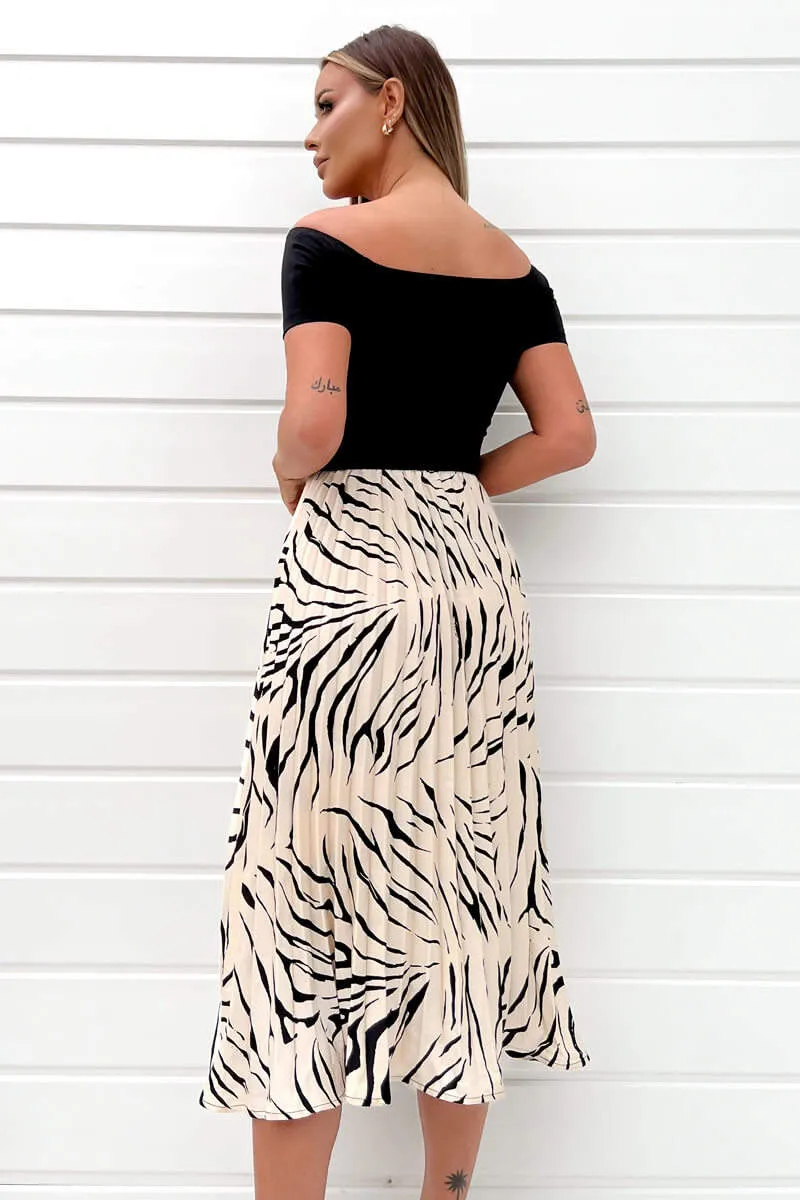 Black And Stone Animal Print 2 in 1 Pleated Midi Dress