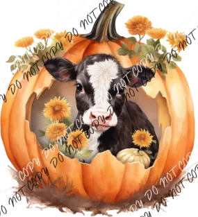 Black and White Cow in a Pumpkin DTF Transfer