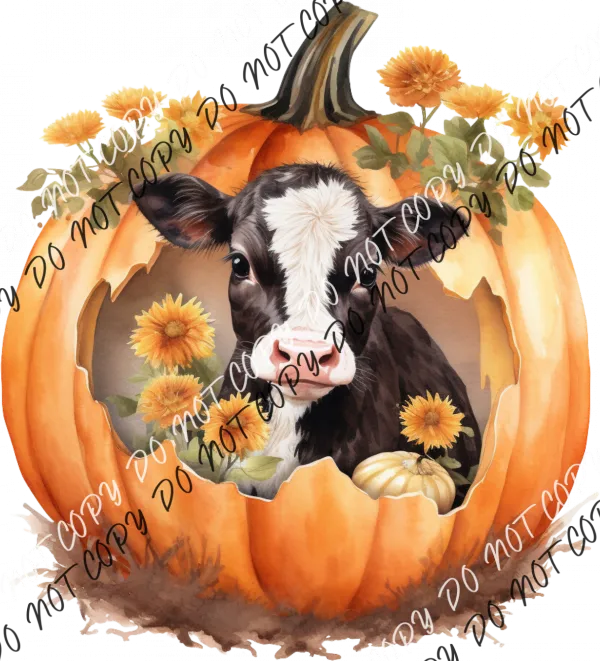 Black and White Cow in a Pumpkin DTF Transfer