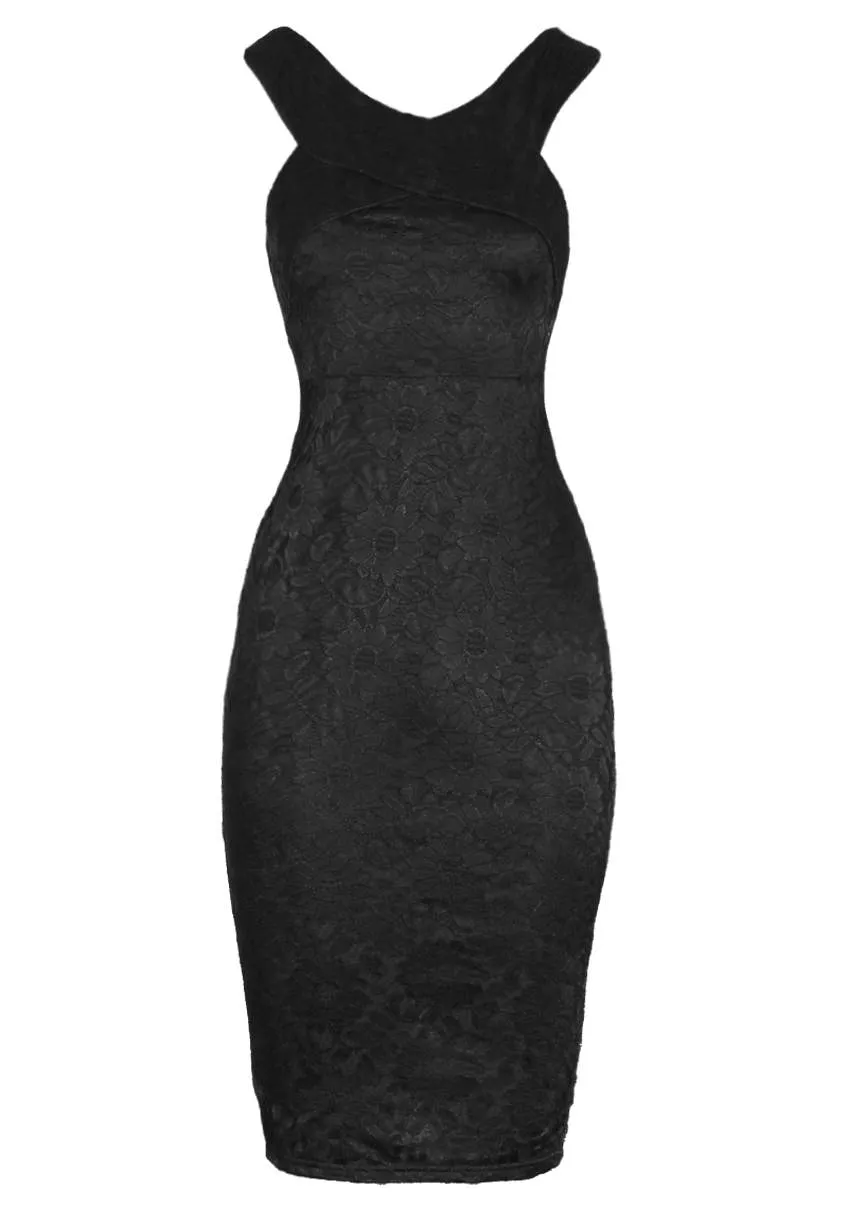 Black Cross Over Lace Midi Dress