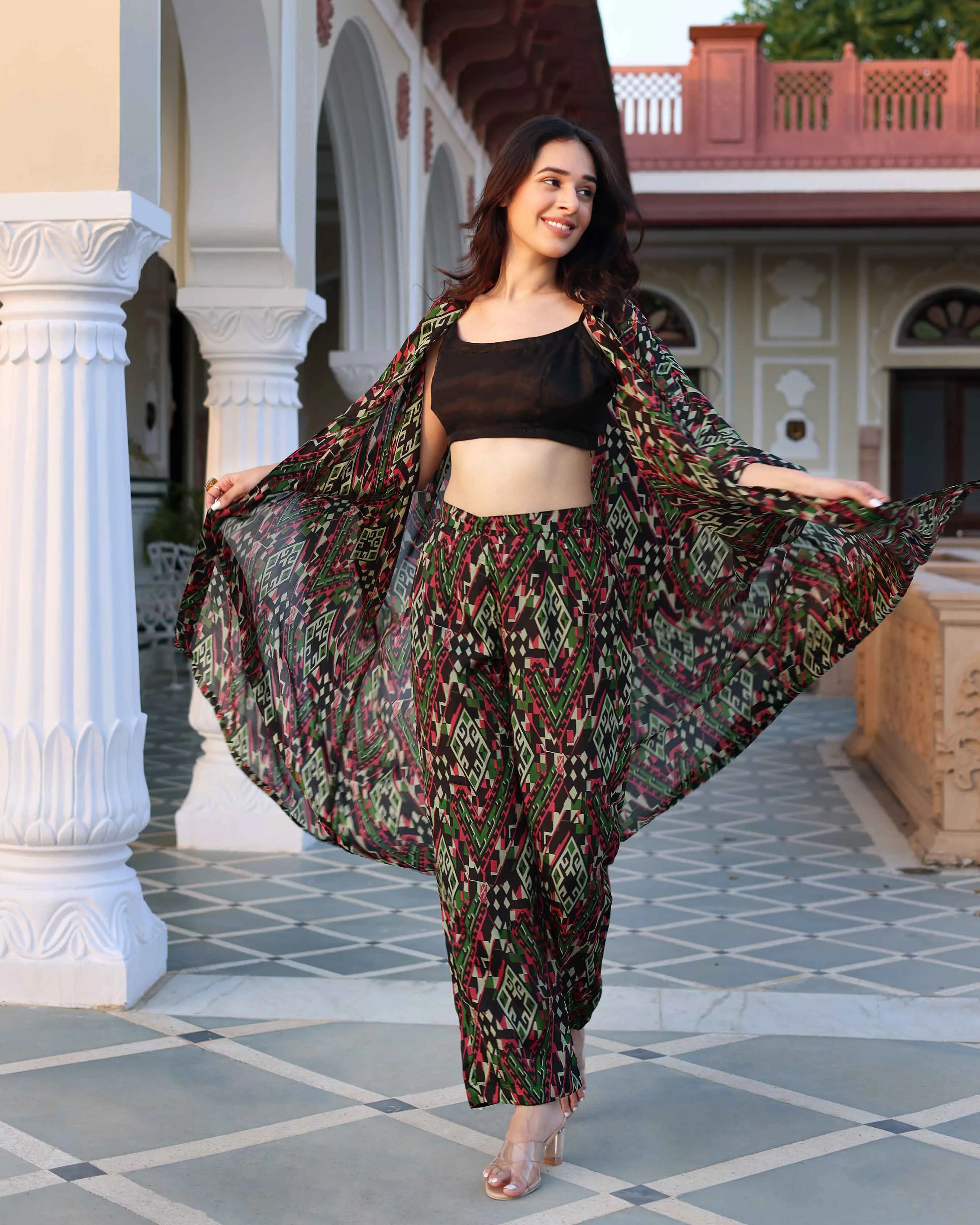 Black Diamond Geometry Printed Silk Coord Set