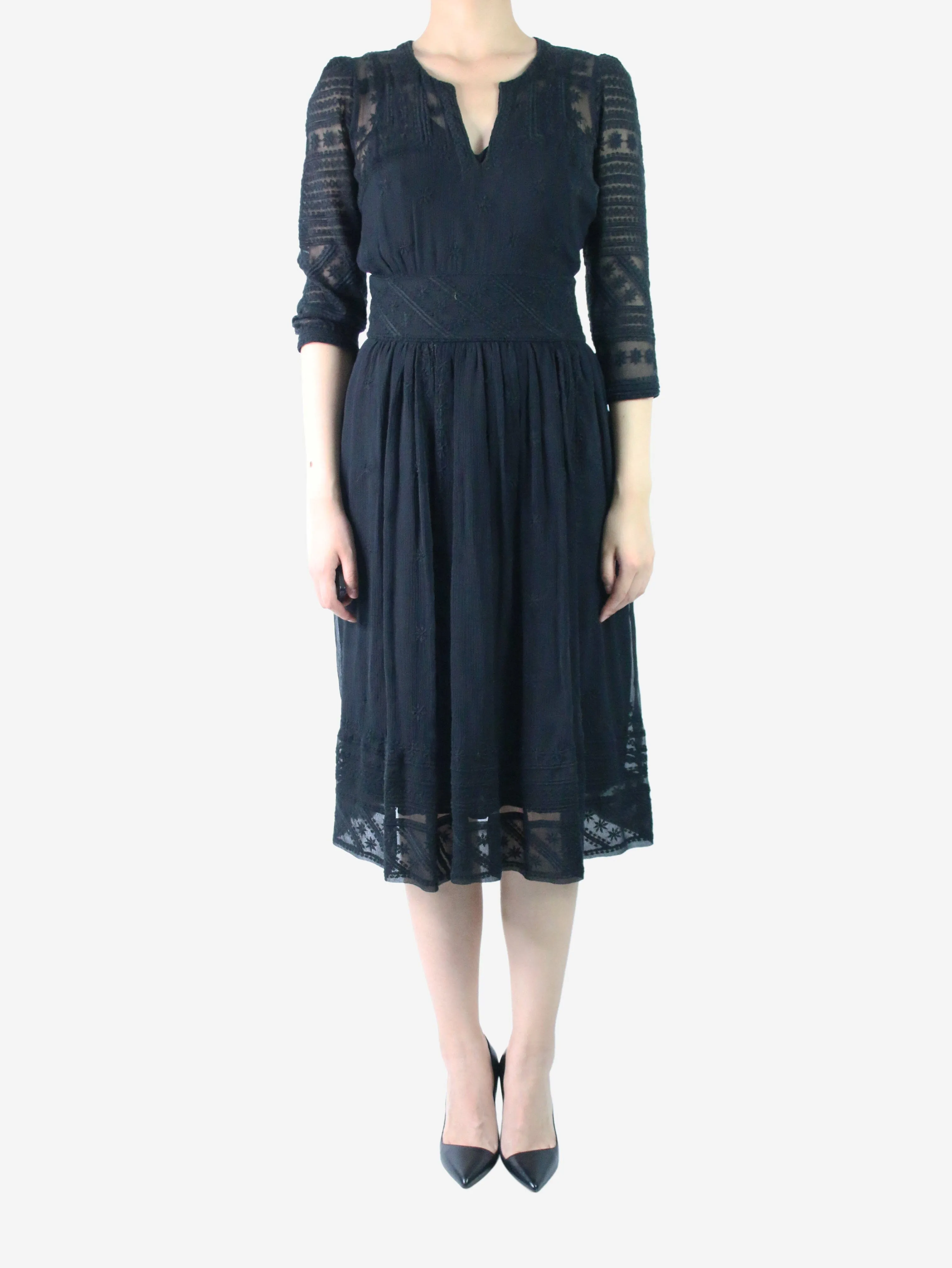 Black embroidered midi dress - size UK 8