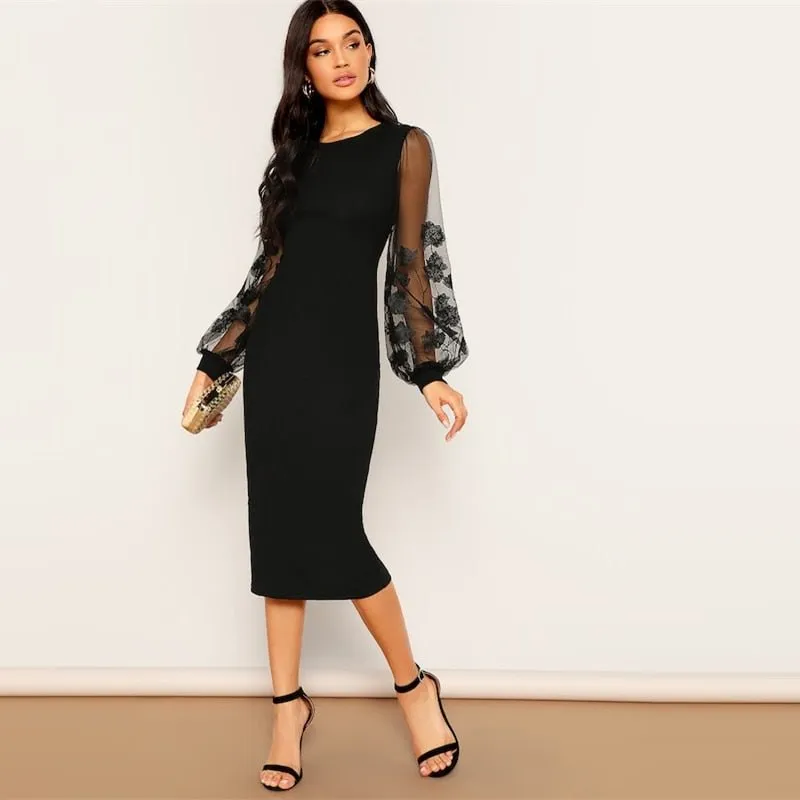 Black Embroidery Mesh Insert Stretchy Bishop Sleeve Fitted Knee Length Bodycon Dress Women Spring Sheath Dresses