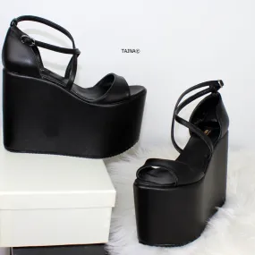 Black Flat-form Ankle Strap Wedges