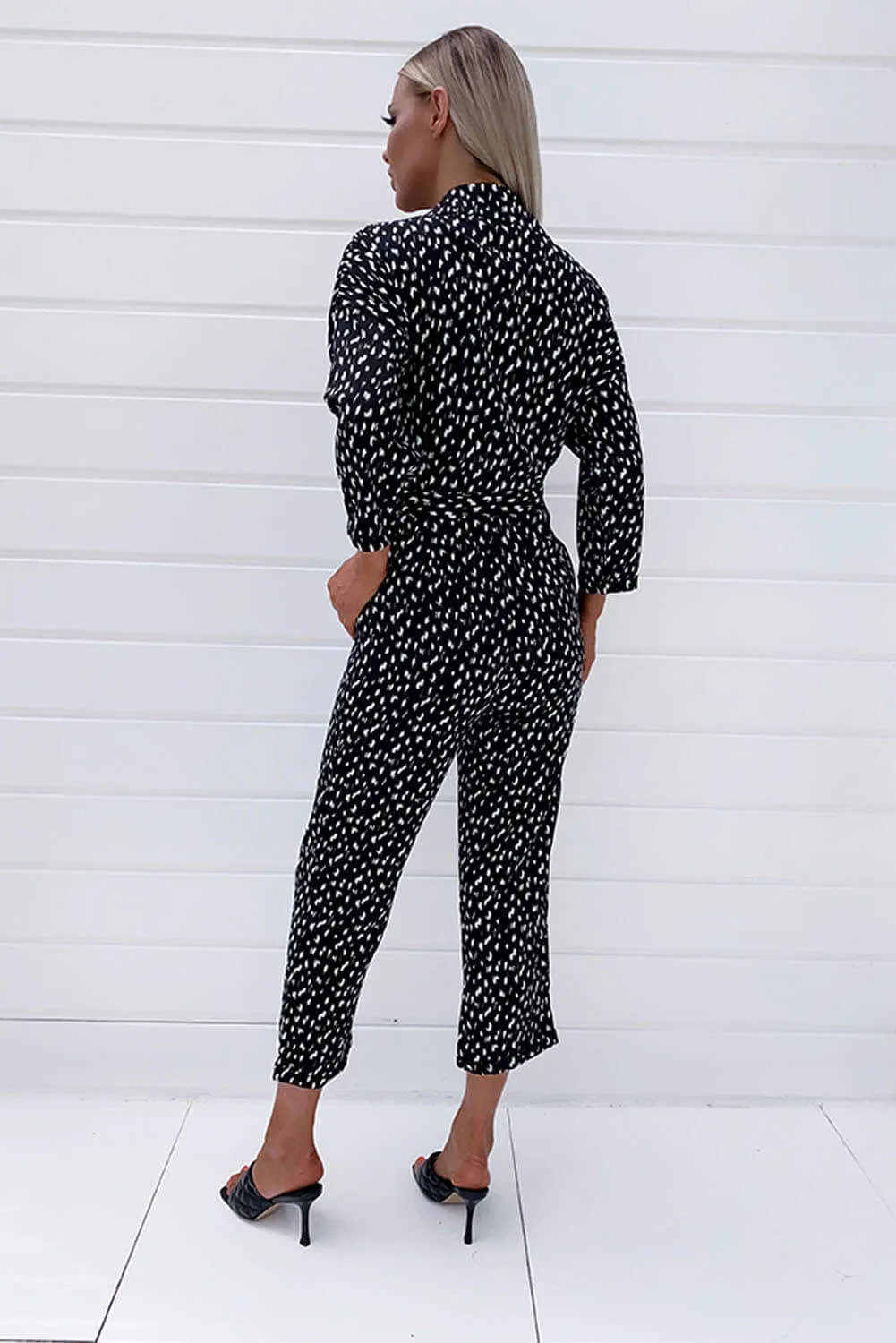 Black Floral Abstract Button Up Jumpsuit