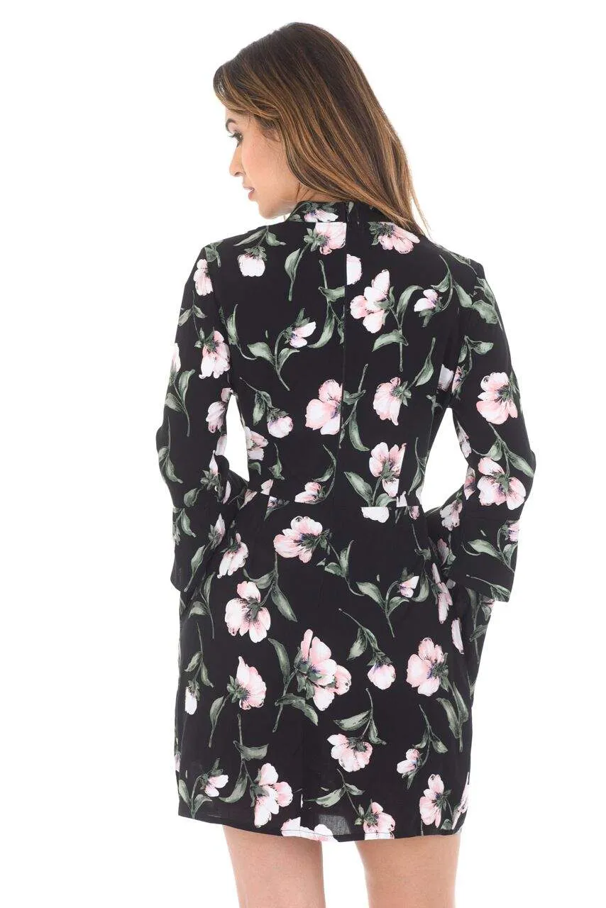 Black Floral Mini With Long Frill Bell Sleeves