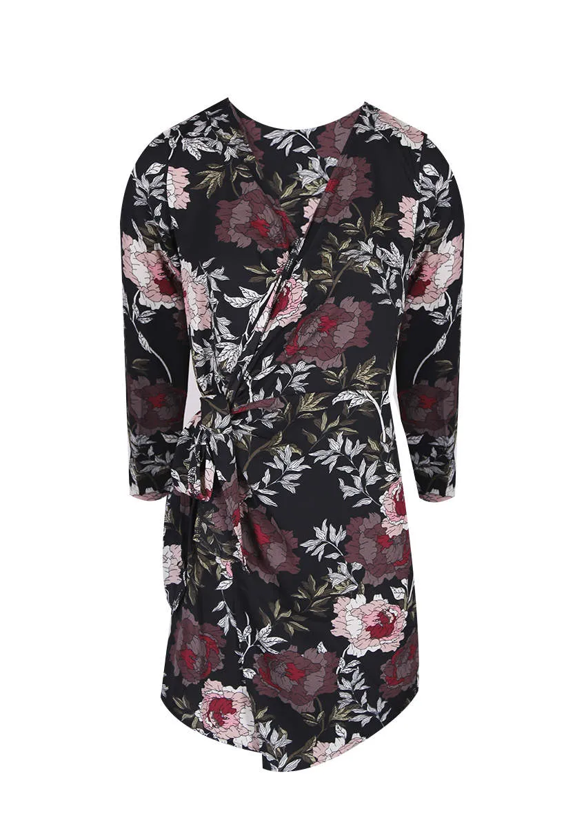 Black Floral Wrap Dress