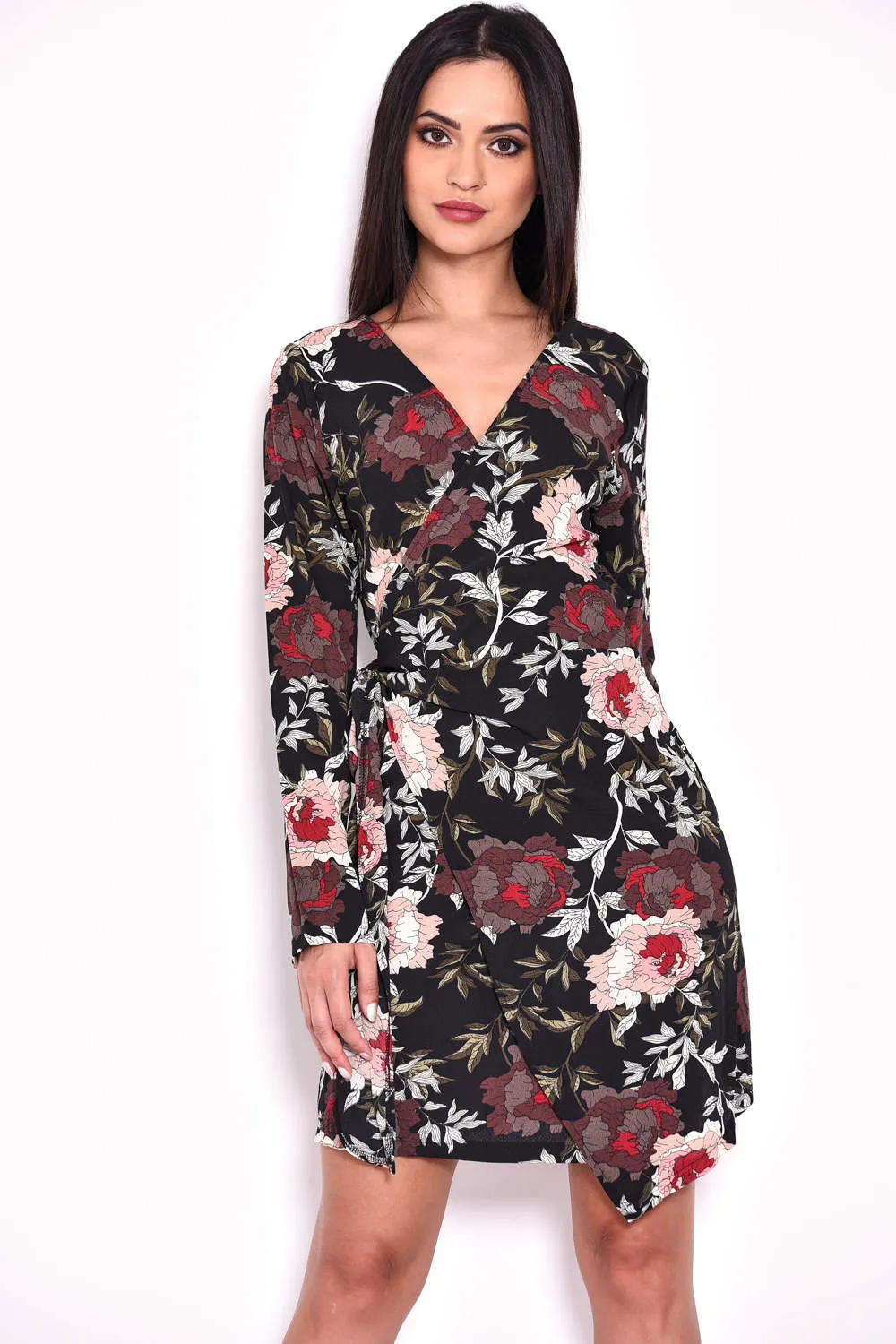 Black Floral Wrap Dress