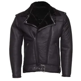 Black on Black Shearling Biker Jacket with Belt